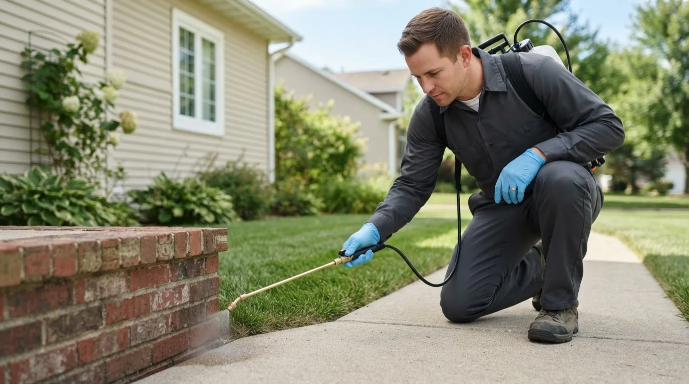 Pest control technician treating a home near Burbank, OH