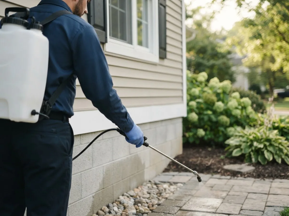 Pest control technician inspecting a home in Burbank, OH